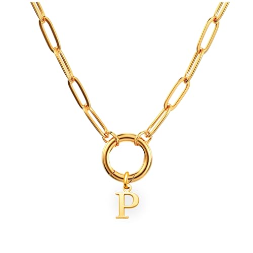 Paperclip Chain Carabiner Initial Charm Holder Necklace by Ginger Lyne | 18K Gold-Plated or Silver Tone Paperclip Chain with Carabiner Charm Holder, Adjustable 18-20 Inch, A-Z Initial Pendant - color: Gold-P