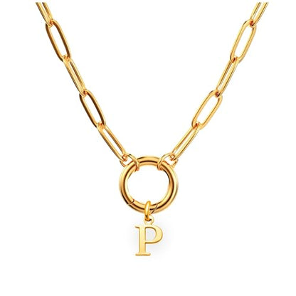 Paperclip Chain Carabiner Initial Charm Holder Necklace by Ginger Lyne | 18K Gold-Plated or Silver Tone Paperclip Chain with Carabiner Charm Holder, Adjustable 18-20 Inch, A-Z Initial Pendant - color: Gold-P