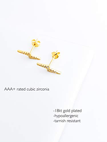 Altitude Boutique Cubic Zirconia Lightning Bolt Earrings | CZ Gold Stud Earrings for Women | Hypoallergenic Geometric Punk Earrings - color: Gold