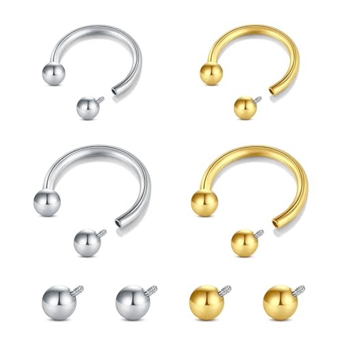Longita Internally Threaded Septum Ring Silver Black Gold Septum Rings 16G Septum Piercing Surgical Steel Septum Jewelry Septum Nose Rings 16 Gauge Small Septum Ring Horseshoe with Replacement Balls - color: D3-silver+gold-8+10mm