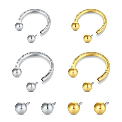 Longita Internally Threaded Septum Ring Silver Black Gold Septum Rings 16G Septum Piercing Surgical Steel Septum Jewelry Septum Nose Rings 16 Gauge Small Septum Ring Horseshoe with Replacement Balls - color: D3-silver+gold-8+10mm