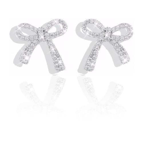 Gold Bow Earrings for Women, Long Tassel Chain Drop Earrings, Trendy Small Bow Earrings, Ribbon Waterfall Dangling Earrings, Pearl Bow Earrings, Sparkly Elegant Bowknot Preppy Jewelry Gifts for Women - color: Bow Silver-I