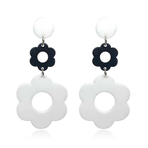 Handmade Acrylic Flower Earrings - Bohemian Double Daisy Drop Resin Flowers Dangle Earrings for Women Girls 70s 80s Party Accessories - color: white+black
