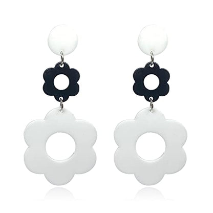 Handmade Acrylic Flower Earrings - Bohemian Double Daisy Drop Resin Flowers Dangle Earrings for Women Girls 70s 80s Party Accessories - color: white+black