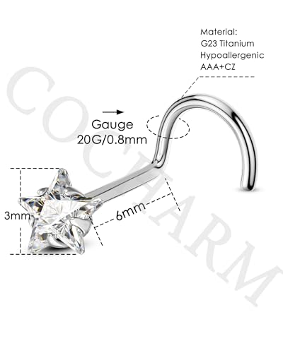 COCHARM G23 Titanium Nose Stud Star Heart 20g Nose Piercing 3mm Clear CZ Nose Ring Stud For Women Men 20g Surgical Steel Screw Nose Stud Nose Corkscrew - style: Start