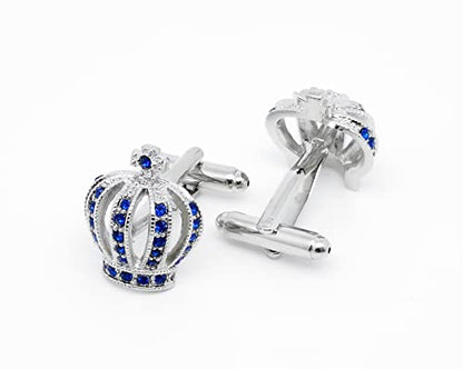 Royal Crown Blue Crystal Cuff Links for Men Lady in Gift Box Unisex Cufflinks for Business Wedding Anniversary Dress - size: one size