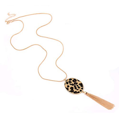 MOLOCH Long Necklaces For Woman Disk Circle Pendant Necklaces Tassel Fringe Necklace Set Statement Pendant - color: oval--gold-light leopard