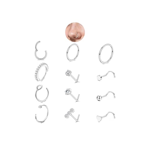 20G Nose Rings Hoops And Studs For Women Men, 12PCS Hypoallergenic Stainless Steel Nose Hoops Dainty Non Tarnish Nose Hoop Set, L Shaped CZ Nose Stud Piercing Jewelry Gold/Sliver - color: 20G-Sliver