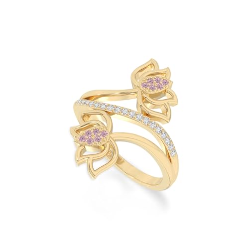 Natural Gemstone Lotus Blossom Rings for Women in Silver/18K Yellow/Rose Gold Vermeil, Birthstone Jewelry Gifts for Her Birthday, Wedding Anniversary, Graduation, Christmas - color: Pink Tourmaline, size: US-8, style: 18K Yellow Gold Vermeil