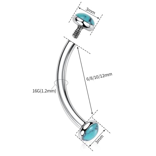 GAGABODY Titanium Eyebrow Jewelry - Curved Barbell & Labret Stud, 16g - Belly Button Ring & Cartilage Earring - Opal Bridge Jewelry - color: 1Pc-Silver+ Blue Turquoise-Disc Shape