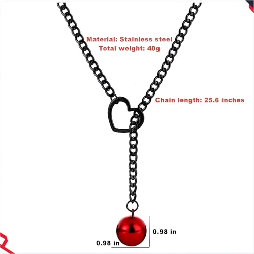 Slip Chain Choker for Women Handmade Black Stainless Steel Cuban Chain Chunky Moon Bat Raven Skull Pendant Gothic Punk Rock Collar Adjustable Lariat Y Necklace for Men - style: Red bell