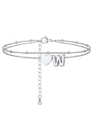 Initial Ankle Bracelets for Women, Dainty Stainless Steel Letter A-Z Layered Anklets, Heart Ankle Bracelet 8.5"-10.5" Adjustable, Summer Beach Jewelry, Come with Box - color: Silver, size: W