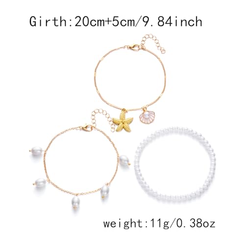 Boho Shell Ankle Bracelet Set for Women Gold Plated Adjustable Anklet Beach Inspired Foot Jewelry with Starfish & Pearl Charms - color: C