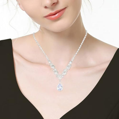 CIEHER Silver 2/3 Pieces Women Jewelry Set - Drop Necklace + Crystal Teardrop Dangle Earring Clips, Crystal Clip On Earrings Silver Non Pierced - style: Clip On - Style B