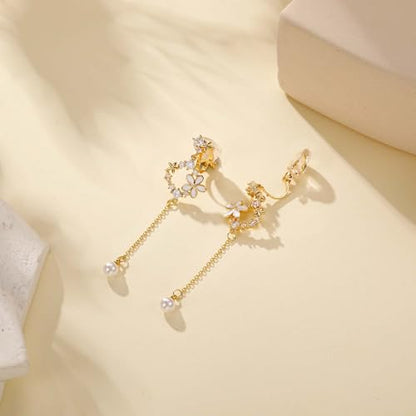 Awinesn Clip on Earrings Dangle Pearl Drop Clip Earrings for Women Trendy Dangle Chain Dainty Flower Wedding Earrings for Brides 14K Gold Plated Statement Non Pierced Earrings for Women Sparkly Jewelry - style: fugu-baiflower-g