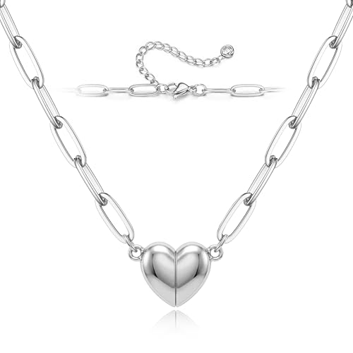 Magnetic Heart Necklaces for Women : 14K Gold Plated 316L Surgical Stainless Steel Heart Necklace Dainty Adjustable Paperclip Chain Pendant Necklace Jewelry Gifts Trendy Non Tarnish - color: Silver