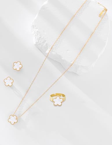 Gold Plated Stainless Steel Four Leaf Clover Necklace Earrings And Ring Jewelry Set for Women