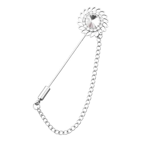 Mens Sunflower Lapel Pin Crystal Rhinestone Brooches for Men Hanging Chain Brooch Suit Pin Flower Lapel Pins for Men Wedding Business Party - color: White-J