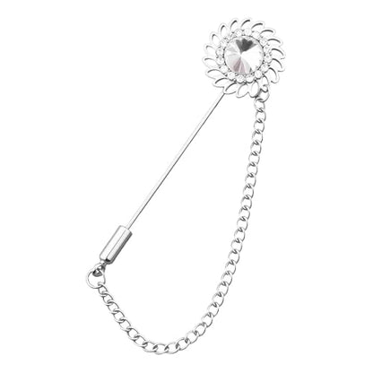 Mens Sunflower Lapel Pin Crystal Rhinestone Brooches for Men Hanging Chain Brooch Suit Pin Flower Lapel Pins for Men Wedding Business Party - color: White-J