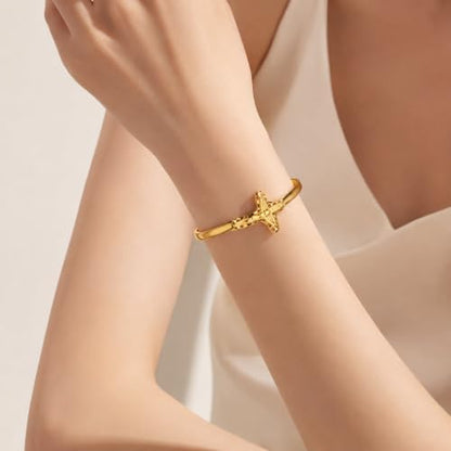 Gold Statement Cuff Bracelet Ankh Cross - Waterproof Stainless Steel Open Bangle Hypoallergenic Egyptian Key of Life Jewelry, Adjustable Protection Amulet for Women Men - color: Gold Jesus