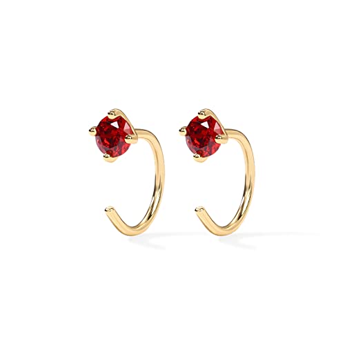 PAVOI 14K Gold 925 Sterling Silver Huggie Half Hoop Earrings for Women | Tiny Boho Colored Cartilage Earring | Blue, Green, Amethyst, Garnet, Black CZ, Turquoise, Opal, Pearl - style: Garnet