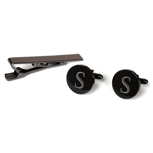 Mens Initial Cufflinks and Tie Clip A-Z Alphabet Letter Black Stainless Cuff Links Tie Bar with Engraved Walnut Wood Box Groom Groomsman Wedding Set - style: Classic-S