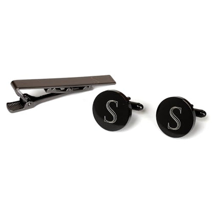 Mens Initial Cufflinks and Tie Clip A-Z Alphabet Letter Black Stainless Cuff Links Tie Bar with Engraved Walnut Wood Box Groom Groomsman Wedding Set - style: Classic-S