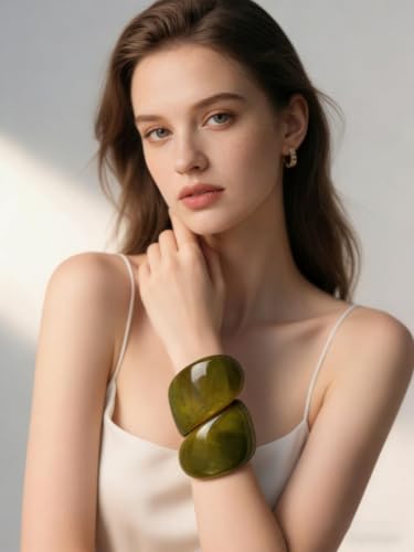 GelConnie Chunky Cuff Bangle Bracelet for Women, Statement Jewelry | Gold and Silver Tone Cuff Bangles with Resin, Crystal and Textured Accents for Party, Vacation and Dressy Looks - style: Bangle 05-Green