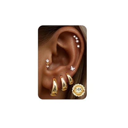 ADRAMATA Hypoallergenic Gold Earrings Stack for Women - 7Pairs Surgical Steel Small Chunky Huggie Hoops & Flat Back Stud Earrings Set Silver Cartilage Jewelry Trendy Christmas Gifts - style: Chunky - Gold