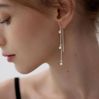 Chunky Hoop Huggie Dangle Tassel Pearl Bow Heart Charm Stud Cilp-on Earrings for Women, 14K Gold plated/Sterling Silver Plated CZ Large Jewelry Vintage Dainty Trendy Gift Daily Prom Party - style: 3CZ Tassel-SL