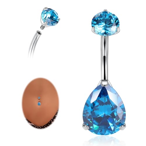 AROWRO Gold Belly Button Ring G23 Titanium Hypoallergenic 14G belly ring for Women Men Teardrop Navel Piercing Jewelry 10mm Barbell With Cubic Zircon - color: Silver+Teardrop Blue CZ
