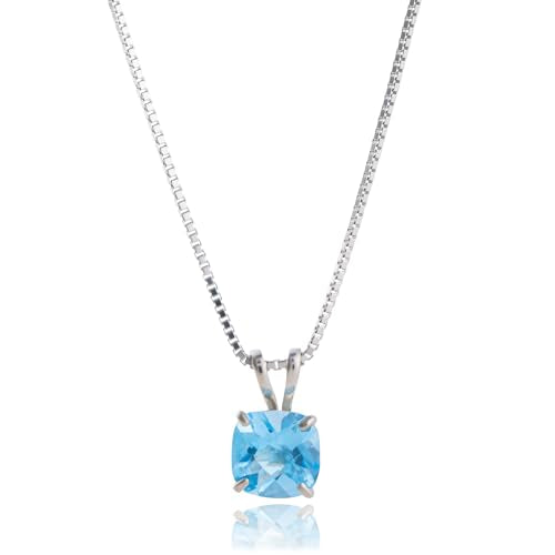 MAX + STONE 925 Sterling Silver Cushion Cut Birthstone Necklace for Women | 6mm Hypoallergenic Solitaire Necklace | Gemstone Pendant Necklaces with 18 inch Box Chain - color: Swiss Blue Topaz