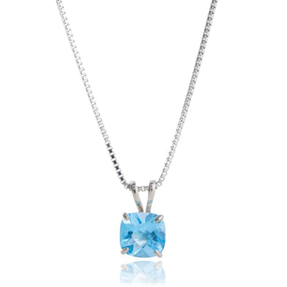 MAX + STONE 925 Sterling Silver Cushion Cut Birthstone Necklace for Women | 6mm Hypoallergenic Solitaire Necklace | Gemstone Pendant Necklaces with 18 inch Box Chain - color: Swiss Blue Topaz