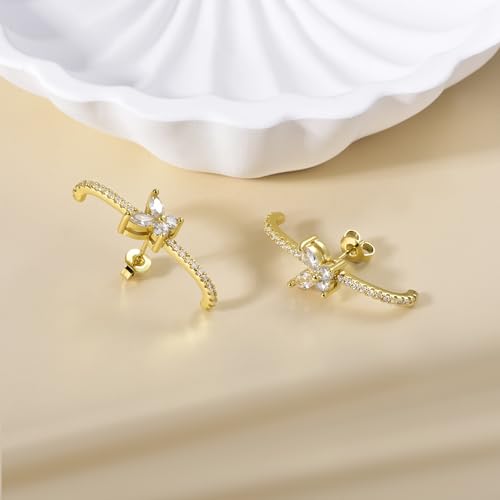 CZ Suspender Cuff Stud Earrings Wrap Earlobe Silver Post Cubic Zirconia Minimalist Jewelry for Women - color: Gold Butterfly CZ