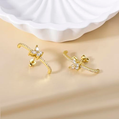 CZ Suspender Cuff Stud Earrings Wrap Earlobe Silver Post Cubic Zirconia Minimalist Jewelry for Women - color: Gold Butterfly CZ