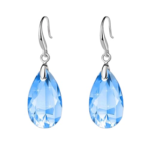 Austrian Crystal Teardrop Dangle Hook Earrings for Women 14K Gold Plated Hypoallergenic Jewelry - color: Aquamarine