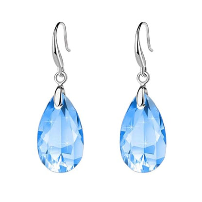 Austrian Crystal Teardrop Dangle Hook Earrings for Women 14K Gold Plated Hypoallergenic Jewelry - color: Aquamarine
