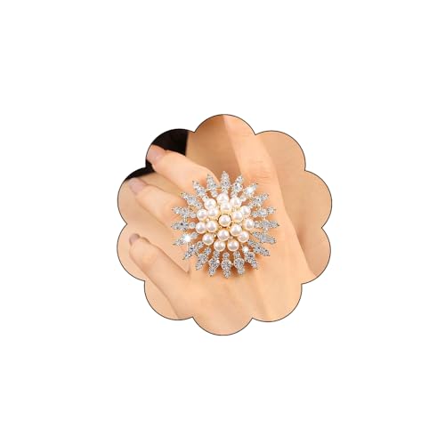 Elegant Big Crystal Ring for Women Gold Stacking Pearl Rhinestone Flower Rings Open Finger Adjustable Crystal Statement Ring Jewelry for Bridal Wedding - color: Crystal 2-silver