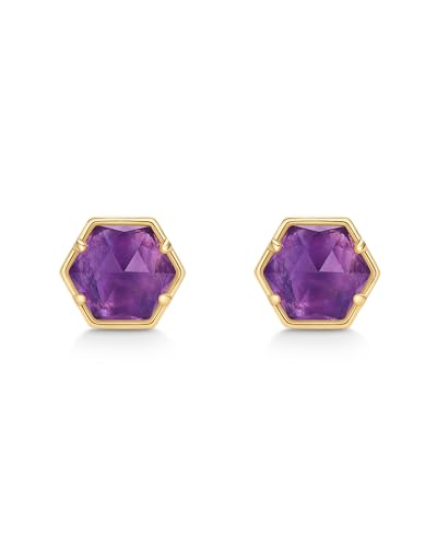 PAVOI 14K Gold Plated Hexagon Gemstone Stud Earrings for Women | Natural Birthstone Earring Pair - color: Amethyst