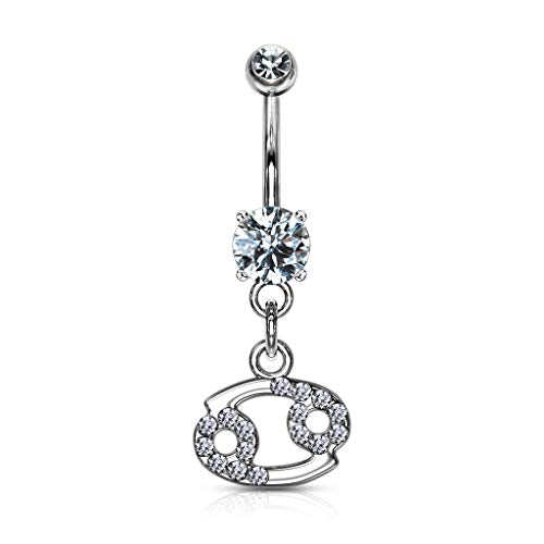 Forbidden Body Jewelry Surgical Steel CZ Jeweled Zodiac Sign Dangle Belly Button Ring - style: Cancer
