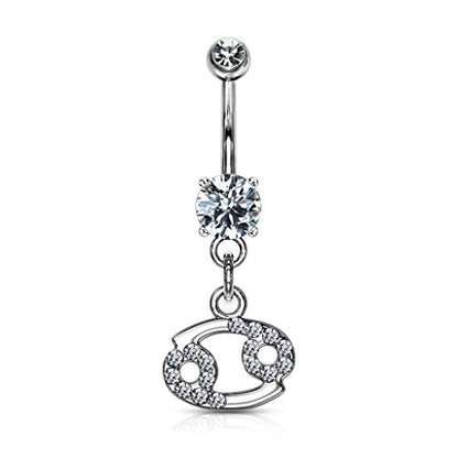 Forbidden Body Jewelry Surgical Steel CZ Jeweled Zodiac Sign Dangle Belly Button Ring - style: Cancer