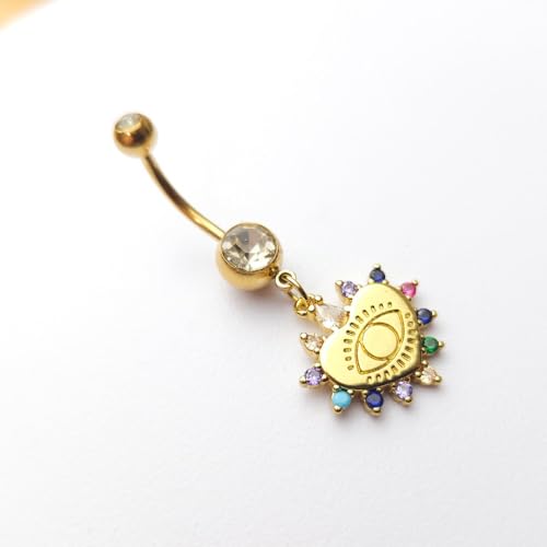 14G Blue CZ Evil Eye Sun Heart Dangle Belly Button Rings for Women 14K Gold Plated Surgical Steel Belly Navel Barbell Enamel Starry Sky Colorful Crystal Dangling Navel Rings Belly Piercing Jewelry - style: Style1