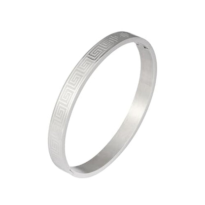 4/6/8MM Greek Key Meander Bracelet Oval Stainless Steel Bangle Cuff Gifts for Women Men - color: Silver, size: 8mm
