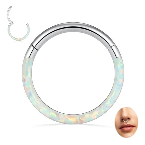 Opal Septum Jewelry Surgical Steel Septum Ring Daith Rook Tragus Earring | Hinged Segment Nose Hoop Ring,Hypoallergenic Septum Piercings for Women,Conch Cartilage Helix Jewelry,Diameter 6mm to 10mm - color: Silver,White Opal, size: 14G 8mm