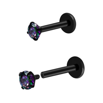 16G 18G Titanium Internal Thread CZ Stud Earrings Flat Back, Silver Black Tragus Helix Conch Cartilage Piercing Jewelry for Women Men 6mm 8mm 10mm Labret Studs 2PCS - color: Black, 16g, 6mm bar, 3mm RQ CZ