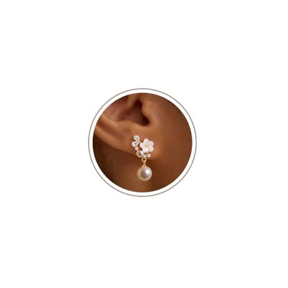 Freekiss Pearl Earrings for Women Trendy: Flat Back Stud Earrings 14K Gold Plated/925 Sterling Silver Freshwater Pearl Dangle Earrings Cute Bow Earrings Wedding Jewelry Birthday Gifts for Women Girls - style: Flower Pearl-GD