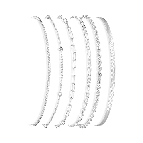 Gold/Silver Bracelets for Women,14K Real Gold Plated Bracelets Stack Trendy Jewelry Sets Stackable Snake Chain Figaro Paperclip Link Chain Adjustable Bracelet Pack Jewelry for Women - style: 6PCS-SL