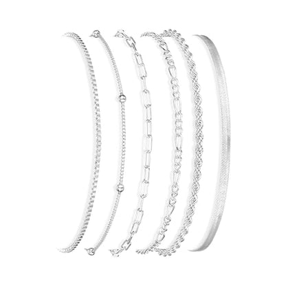 Gold/Silver Bracelets for Women,14K Real Gold Plated Bracelets Stack Trendy Jewelry Sets Stackable Snake Chain Figaro Paperclip Link Chain Adjustable Bracelet Pack Jewelry for Women - style: 6PCS-SL