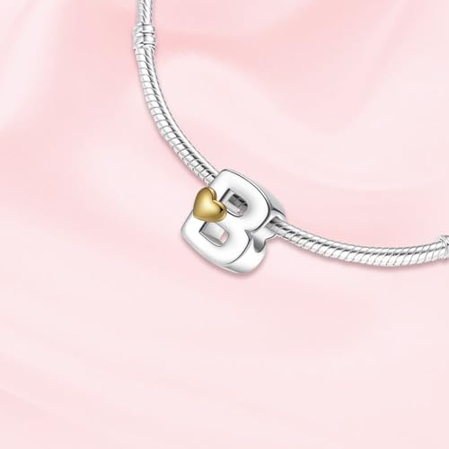 A~Z Alphabet Charm Letter Beads 925 Sterling Silver with Heart-shaped 5A Cubic Zircon Stones fits Pandora European Bracelets Necklace Jewelry Gift for Women - style: B Letter Charms