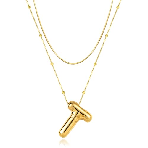 LUCA SMITH 2-Piece Initial Necklaces for Women, Dainty Balloon Bubble A-Z Letter Necklace Set, Name Letter Alphabet Pendant Layered Choker Necklaces Personalized Jewelry Gift - color: Gold bubble letter necklace, style: Initial Set-T